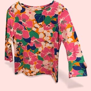 Cute pinky floral tropical stretch 3/4 sleeve top Talbots boho coastal cheery